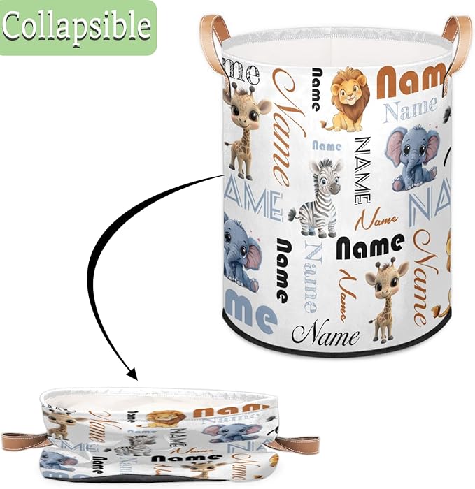 Custom Elephant Zebra Giraffe Lion Laundry Hamper, Personalized Laundry Baskets with Handles Dirty Clothes Hamper Storage Basket