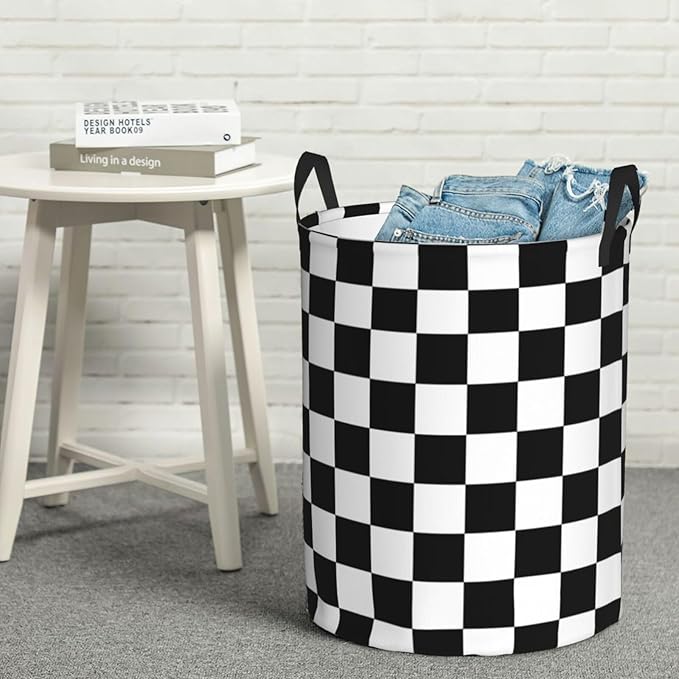 Black And White Checkered Pattern Round Laundry Hamper Checkerboard Storage Basket Toys Clothes Organizer Bin For Home Bathroom Bedroom Dorm Nursery, 62l