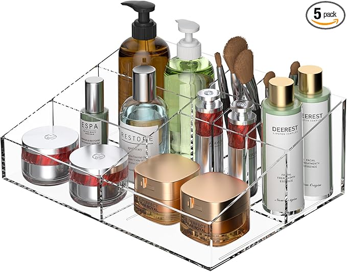 Clear Plastic Countertop Vanity Makeup Organizer, Compact Rectangular 9-Compartment Holder for Brushes, Eyeshadow Palettes, & Beauty Supplies