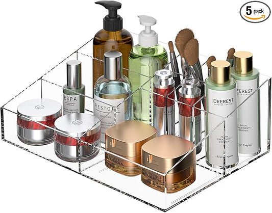 Clear Plastic Countertop Vanity Makeup Organizer, Compact Rectangular 9-Compartment Holder for Brushes, Eyeshadow Palettes, & Beauty Supplies