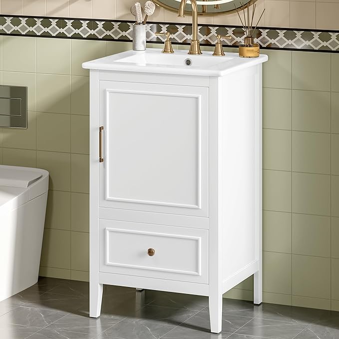 Virubi 20 in Small Bathroom Vanity with Sink,Solid Wood Modern Single Bathroom Sink Cabinet with Soft Closing Door and Drawer,Freestanding White
