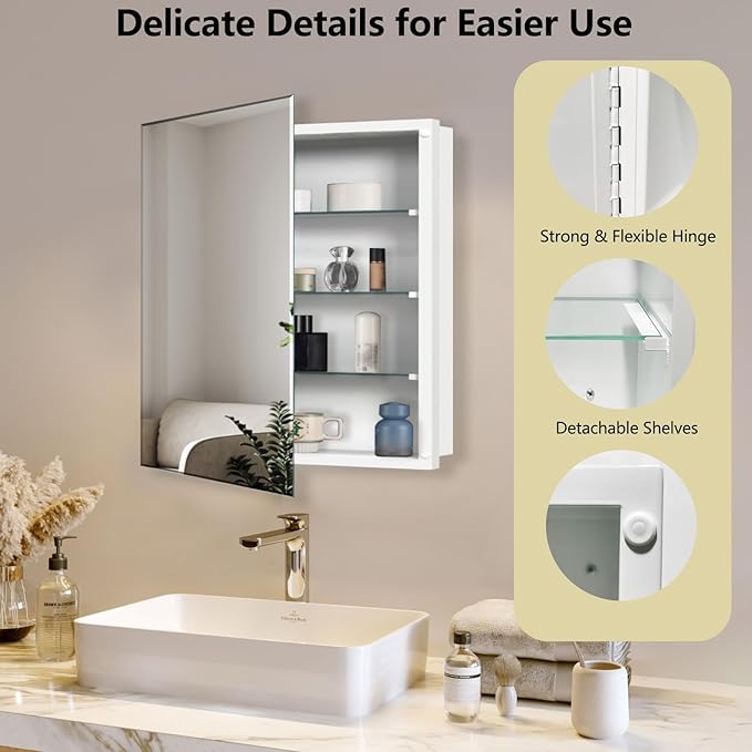 Medicine Cabinet with Beveled Mirror, 28x28 inch Square Mirror Cabinet, Recessed or Wall Mount, Bathroom Cabinet with Removable Shelves, Storage Suitable for Bathroom Bedroom