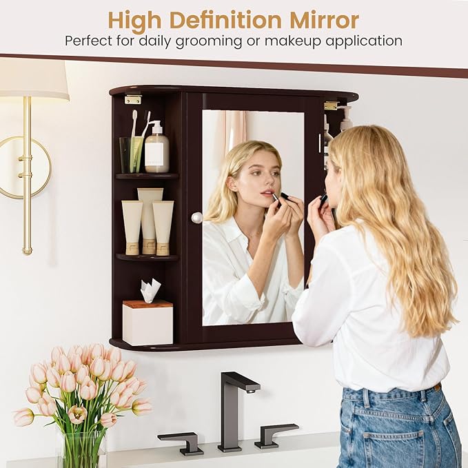 COSTWAY Medicine Cabinet with Mirror, Wall Mounted Bathroom Storage Cabinet with Mirror Door and Adjustable Shelves, Space-Saving Storage Organizer for Living Room Kitchen Entryway (Brown)