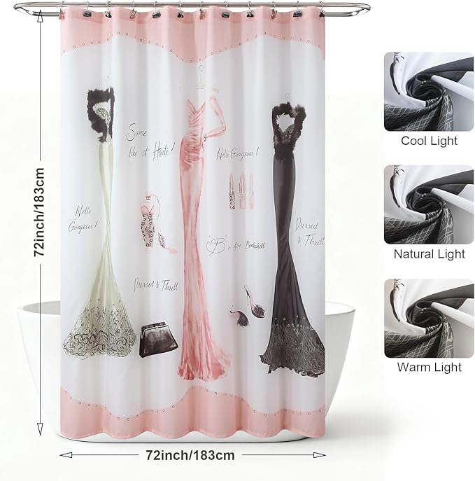 Haute Pink Girls Women Fabric Shower Curtain, Print Polyester Shower Curtains for Bathroom, Waterproof Decorative Bathroom Curtains, 72" W x 72" H