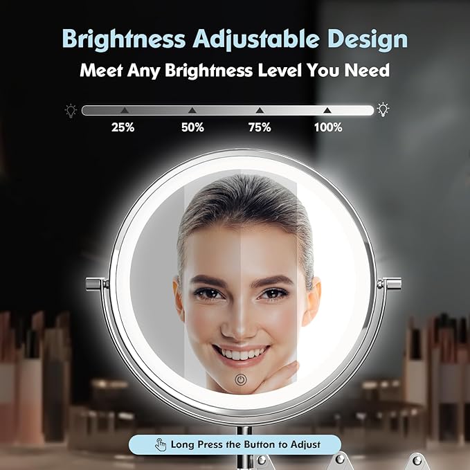 5000mAh Rechargeable Wall Mounted Makeup Mirror - 8 Inch Double Sided 1X/30X Magnifying Mirror with 3 Color Lights Dimmable Touch Screen, 360°Swivel 19.6 Inch Extendable Accordion Bathroom Mirror