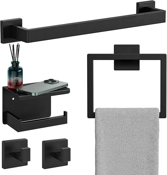5-Pieces Matte Black Bathroom Hardware Set, 16 Inch Bathroom Towel Bar Set, SUS304 Stainless Steel Bathroom Hardware Accessories Set, Towel Racks for Bathroom Wall Mounted