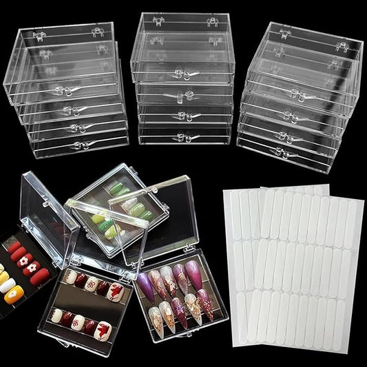 12PCS Press On Nail Packaging Box Clear Press on Nail Storage Box Display Case with 60 Pcs Adhesive Tape for False Fake Nails Organizer Home Nail Salon Use Nail Art Nail Business Supplies