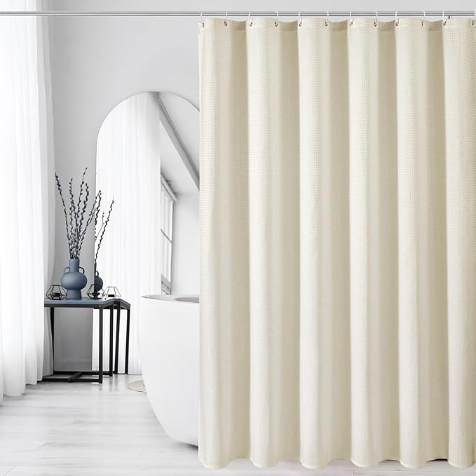 Gibelle Extra Long Shower Curtain 72 x 84, Tall Waffle Weave Textured Fabric Shower Curtain for Bathroom, Water Repellent, Machine Washable, Ivory