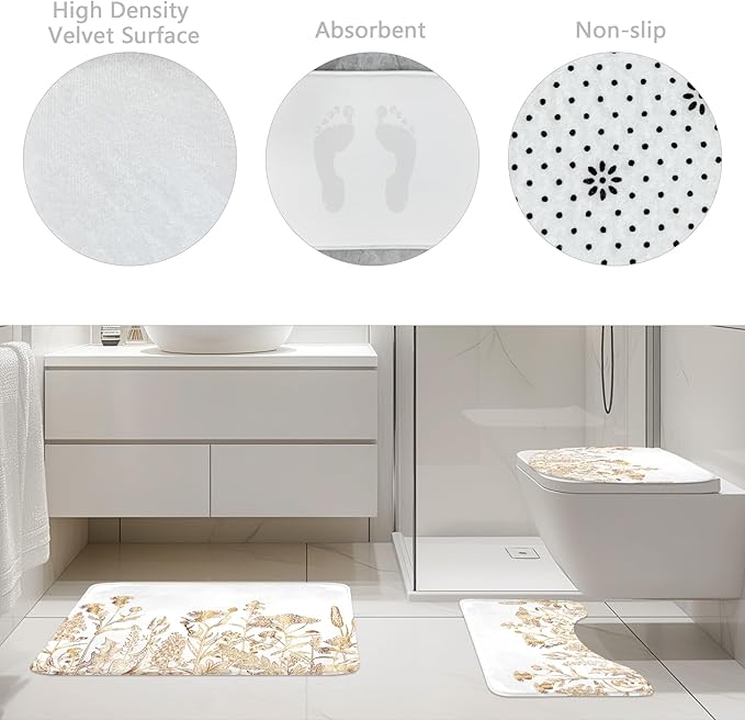 Riyidecor Vintage White Gold Floral Wildflower 4Pcs Bathroom Shower Curtain Sets Rustic Leaves Bathroom Decor Set with Rugs and Accessories Botanical Toilet Lid Rug, Contour and Bath Mat with 12 Hooks