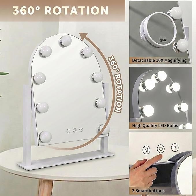 Arched Makeup Vanity Mirror with Lights LED Makeup Mirror Detachable 10X Magnification, Hollywood Make Up Mirror with Lighting, Smart Touch, Rechargeable,360° Rotation,White 14.17"x 11.81"