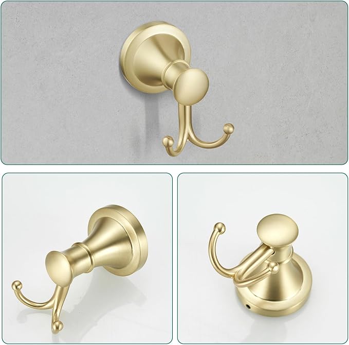 Hoimpro Brushed Gold 4-Piece Bathroom Bath Set, Wall Mount Bathroom Hardware Fixture (Adjustable Towel Bar Rack, Towel Ring Holder, Paper Towel Holder, Double Towel Hook), Bathroom Accessories