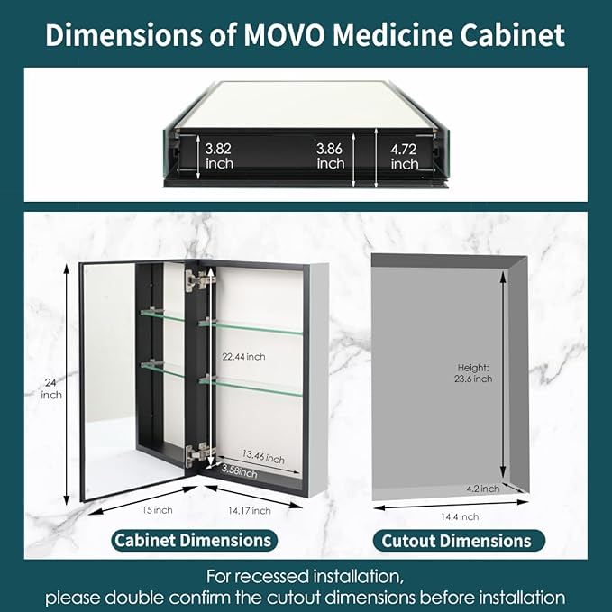 Movo 15 Inch x 24 Inch Medicine Cabinet with Mirror,Black Aluminum Framless Bathroom Mirror Recessed or Surface Mount Medicine Cabinet for Bathroom with Adjustable Shelves