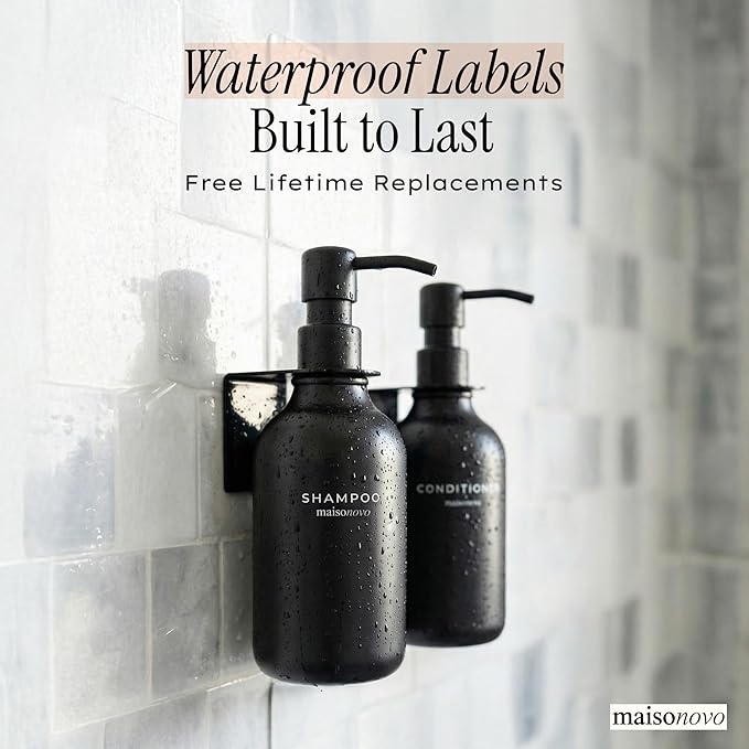 Shampoo and Conditioner Dispenser Wall Mounted Set of 2 Black - No Drill Shower Soap Dispenser for Bathroom Refillable - Spa Hotel Style Accessories by MaisoNovo