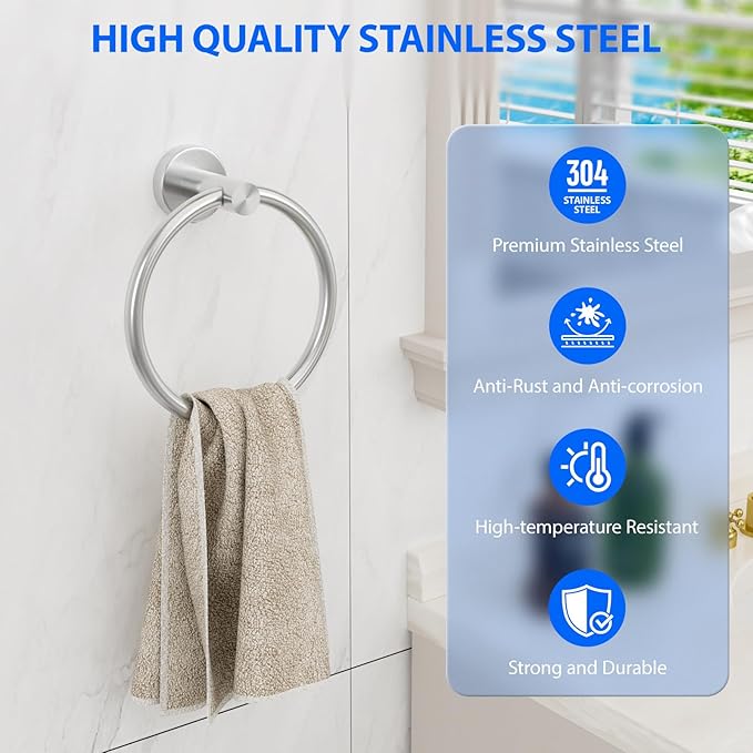 Towel Rings for Bathroom Wall Mount, SUS 304 Stainless Steel Hand Towel Holder, Modern Shower Hardware, Sliver, 1-Pack