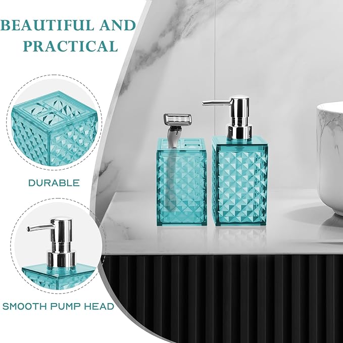 Bathroom Accessories Set 2 PCS, Teal Blue Bathroom Accessories Include Soap Dispenser and Toothbrush Holder, Diamond Pattern Bathroom Set for Boho Bathroom Decor