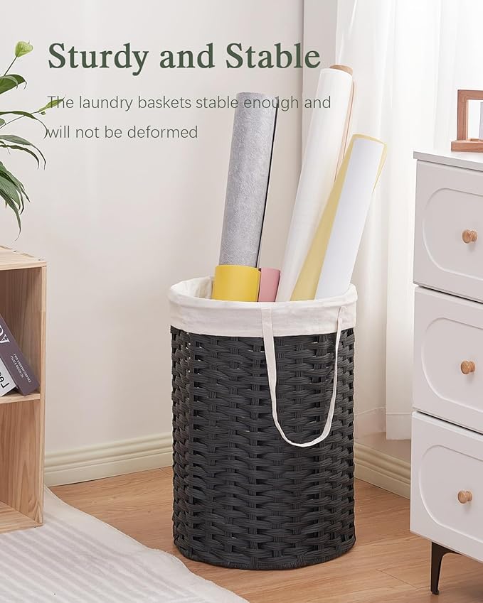 SETVSON Laundry Hamper Laundry Basket Round 19.0 Gal (72 L) Handwoven Rattan Hamper, Large Wicker Laundry Hamper with Removable Laundry Bag Handles 2 Mesh Bags for Bathroom Living Room Black (No Lid)