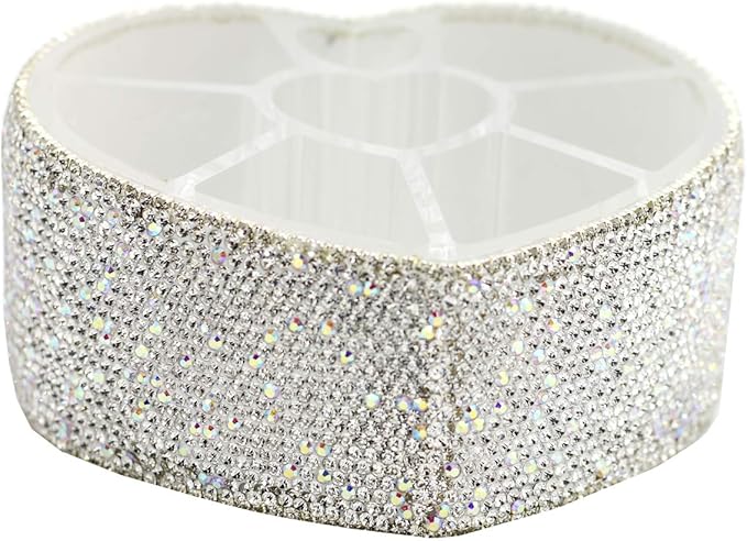 Desktop Cosmetic Storage Box 8-hole Heart-Shaped Bling bling Rhinestone Cosmetic Tools storage Box Jewelry Storage Box (Silver)