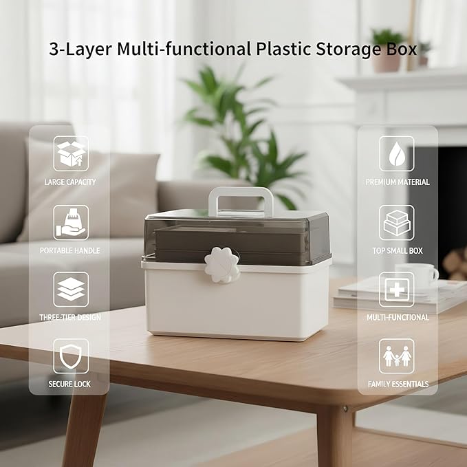 Pulseplay 3-Layer Large Capacity Medicine Storage Box - Portable Plastic Storage Box for Sewing Art Supply, Hair Accessories Organizer with Handle for Home Office and Travel