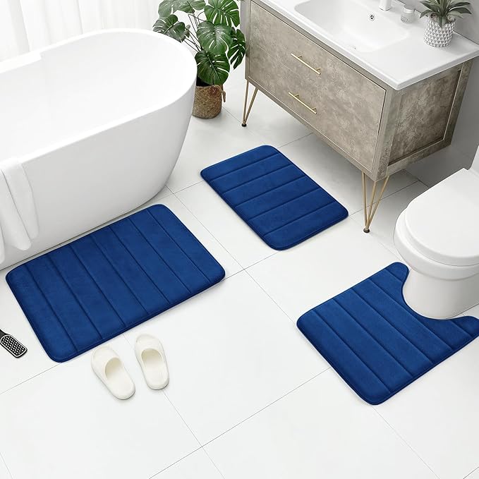 BYSURE Navy Blue Memory Foam Bath Mats, Non Slip Extra Soft Absorbent Machine WashableToilet Bathroom Rug Set 3 Piece (20"x32"+24"x44"+U Shape 20"x24")