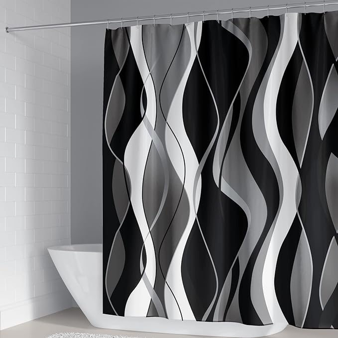 beifivcl 4Pcs Black Shower Curtain Sets with Non-Slip Rugs, Toilet Lid Cover and Bath Mat, Black and Gray Bathroom Decor Set Accessories Fabric Waterproof Shower Curtains with 12 Hooks, 72 x 72 Inch