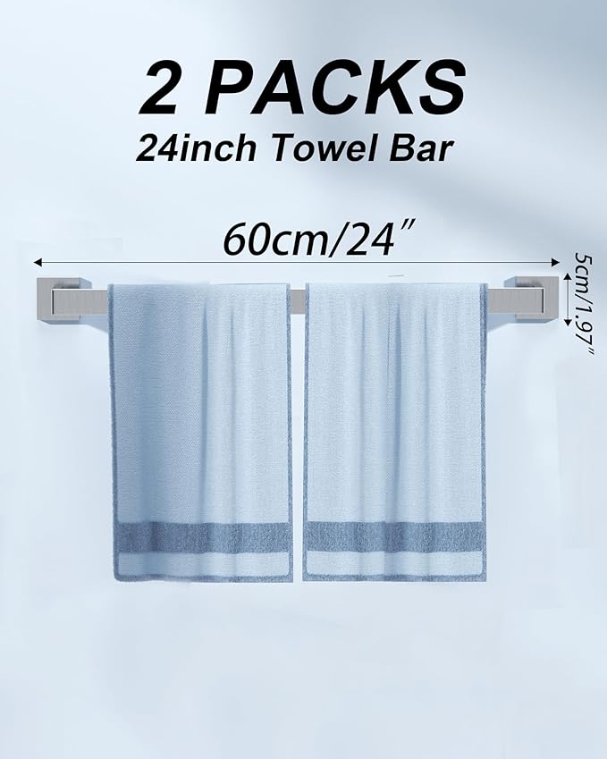 Brushed Nickel Bathroom Accessories Set, 10-Piece Stainless Steel Bathroom Accessories with Double 24" Towel Bars, 2X Toilet Paper Holders with Shelves, 4X Towel Hooks, 2X Towel Rings