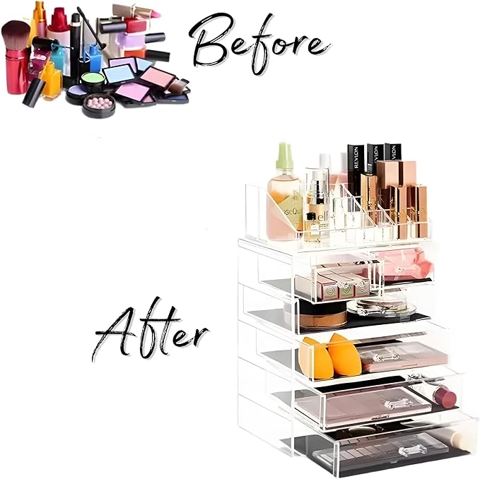 Acrylic Makeup and Jewelry Organizer. Multilevel with Drawers and Removable Topper.