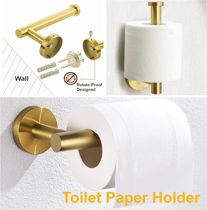 Nolimas 3-Pieces Brushed Gold Bathroom Hardware Set SUS304 Stainless Steel Round Wall Mounted Includes 12" Hand Towel Bar,Toilet Paper Holder,Robe Towel Hooks,Bathroom Accessories Kit