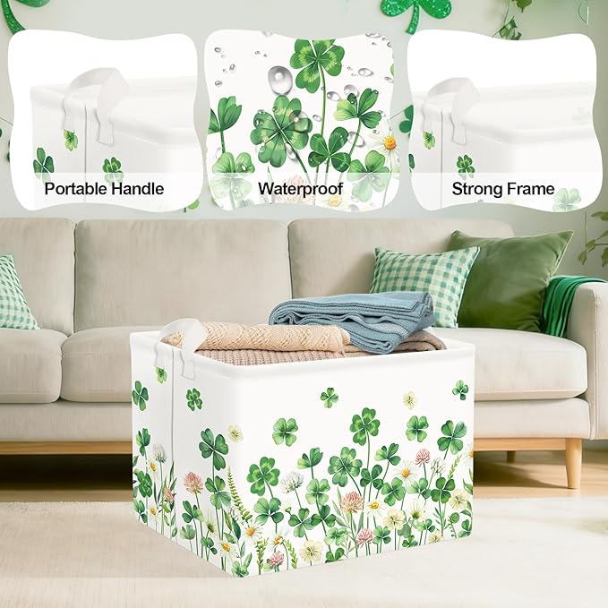 Clastyle Floral Saint Patrick's Day Storage Basket Shamrock Clover Clothes Book Toy Shelf Basket Kid Room Decor Gift Storage Bin Organizer,Four Leaf Clover,40x30x30 cm