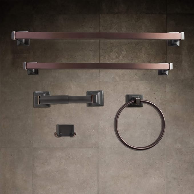 SENTO Cellar Classic Bathroom Accessories Set, Heavy Duty Metal Bath Hardware Set Wall Mounted, Includes Robe Hook, Toilet Paper Holder, Towel Ring, 18” & 24” Towel Bar (5-Piece, Oil-Rubbed Bronze)