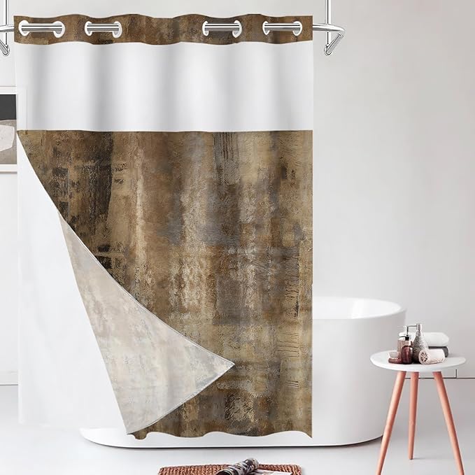 Shrahala Brown Abstract Art No Hooks Shower Curtain with Snap in Liner Set, Grey Acrylic Bathroom Décor Polyester Fiber Waterproof for Stall Bathtubs 54 X 80 in