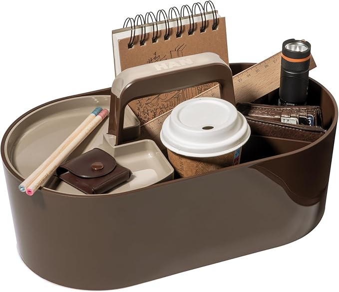HAN Toolbox Loft Plastic Basket with Handle, 4 Compartments Desk Basket, Cleaning Basket, Craft Basket, Storage for Utensils, Brown, 1200-42