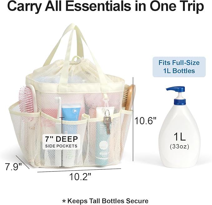 F-color Mesh Shower Caddy Portable with Drawstring -Upgrade Deeper 7 Pockets Dorm Room Essentials for Guys Girls with S Hook, Shower Bag Basket Tote for College Camping Gym Bathroom, Butter White