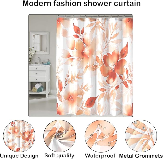 Floral Shower Curtain, Orange Watercolor Flower Shower Curtains for Bathroom, Modern Minimalist Waterproof Fabric Bath Decoration 72x72 Inch