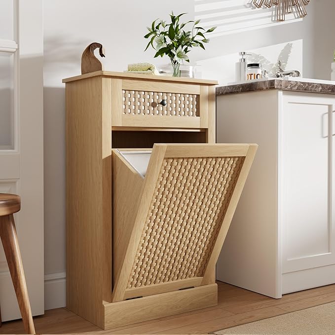 Tilt Out Laundry Hamper Cabinet, Rattan-Style Laundry Room Organization with Removable Laundry Basket, Hidden Wood Dirty Clothes Hamper with Drawer, 21.6" L x 13" W x 35.8" H, Wood