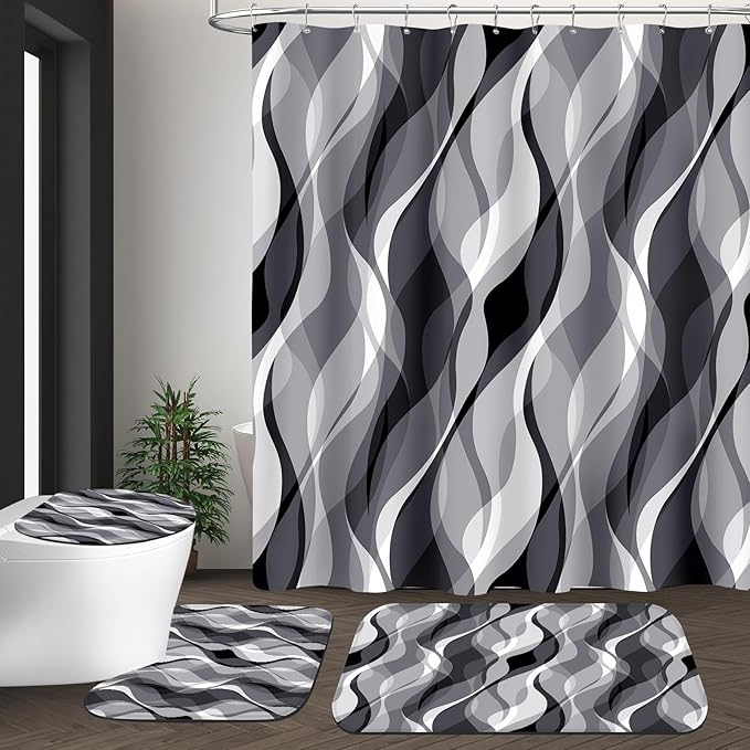 4PCS Grey Abstract Shower Curtain Sets with Rugs, Striped Bathroom Sets with Shower Curtain and Rugs, Modern Bathroom Curtains Shower Set with Toilet Lid Cover for Luxury Bathroom Decor