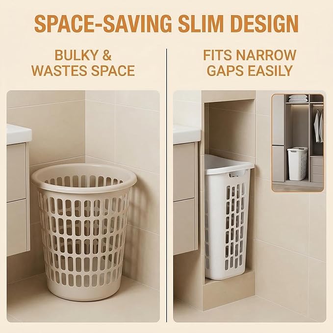 (3-Pack) 1.8 BUSHEL Slim-Iine Open Plastic Laundry Hamper, with Reinforced Handle for Easy Carrying of Clothes, Durable, Suitable for Bedrooms, Laundry Rooms, Bathrooms, White
