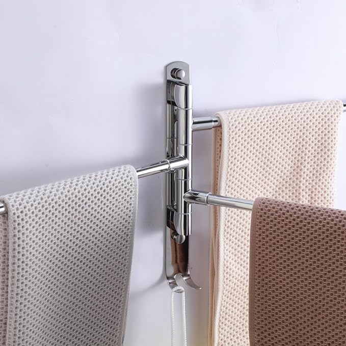 Swivel Towel Rack Hanger Towel Bar Bathrrom Wall Mounted Space Saving Storage Organizer Hanging Holder 12 Inch (Stainless Steel, Bright Silver 3-Arm)