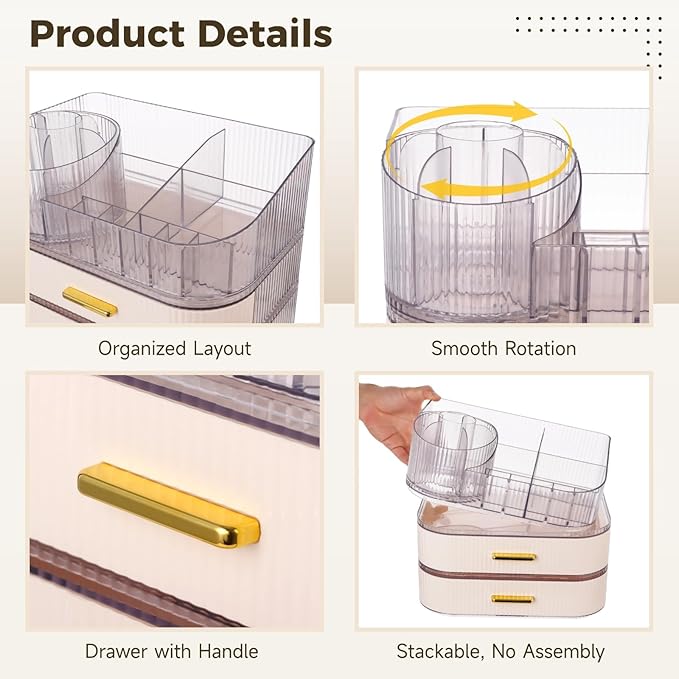 3 Tiers Makeup Organizer with Drawers, Makeup Holder 360° Rotating Brush Holder, Large Capacity Cosmetic Storage with Clear Top Slots, Vanity Organizer for Skincare Perfume Lipstick Jewelry