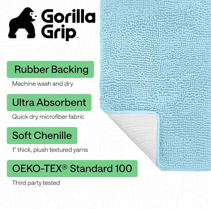 GORILLA GRIP Bath Rug Mat 30x20, Thick Soft Absorbent Chenille, Quick Dry Microfiber Mats, Rubber Backing Washable Shower Floor Rugs, US Designed Bathroom Bathmat Home Decor Accessories, Sky Blue