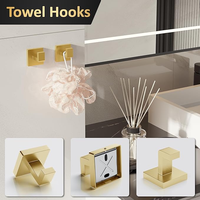 10-Pieces Bathroom Hardware Set,23.6inch Wall Mounted Double Towel Bar Set，Towel Rack&Toilet Paper Holder&Towel Ring and Towel Hook;Bathroom Accessories Set(Gold)