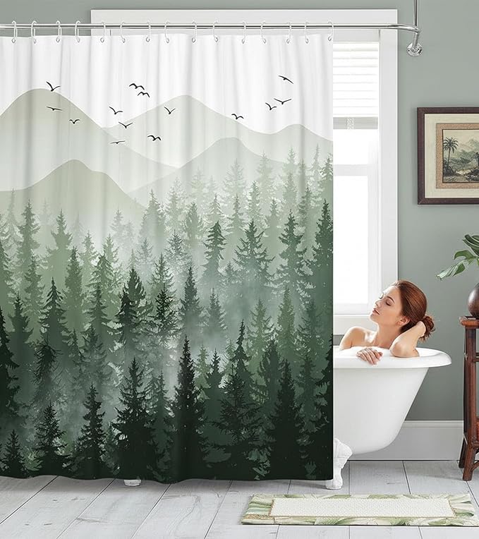 Accnicc 78 Inch Long Green Misty Forest Shower Curtain Ombre Sage Green White Mountain Pine Tree Waterproof Fabric Shower Curtains for Bathroom Nature Woodland Decorative Modern Bath Curtain Decor