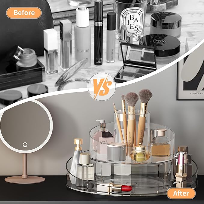 360° Rotating Makeup Organizer - Cosmetic Skincare Organizers wish Brush Holder, Large Capacity Cosmetic Display Case for Vanity, Bathroom Countertop (Clear)
