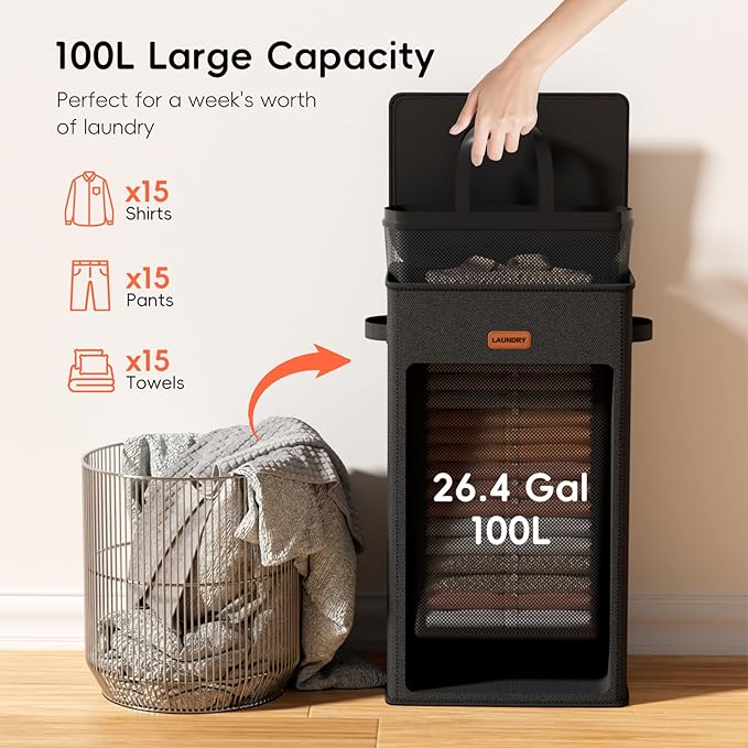 100L Laundry Hamper with Lid, Large Clothes Hampers with Removable Bag, Collapsible Laundry Basket for Bathroom, Bedroom, Laundry Room, Dorm, Black