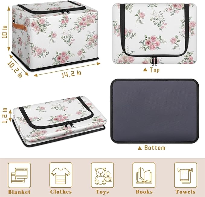 Pink Floral Flower Storage Baskets - Home Decorative Bins Collapsible Cubes with Zipper Lid, Rose Box with Handles for Living Room Bedroom Nursery Shelf Closet Office Kitchen, 24L