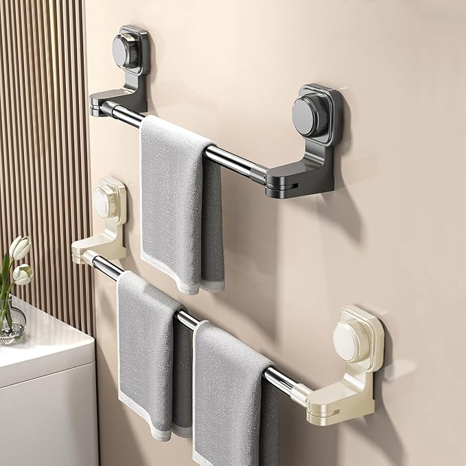Extendable Suction Cup Towel Bar 12-24inch Removable Towels Holder for Shower Stainless Steel Single Rack No Drill Wall Mounted Clothes Hanger Rod for Bathroom Kitchen Gray