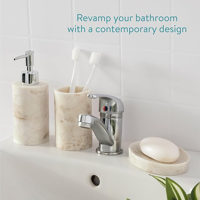 Navaris Decorative Bathroom Accessories Set - 3-Piece Bath Accessory Kit with Toothbrush Holder Liquid Soap Dispenser and Soap Dish Tray Set - Marble