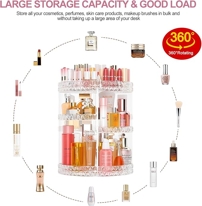 360 Rotating Makeup Organizer, DIY Adjustable Cosmetics Organizer[Patented Product], Professional Acrylic Make Up Caddy Shelf Storage Perfume, Lipsticks, Makeup Brushes or Accessories (Transparent)