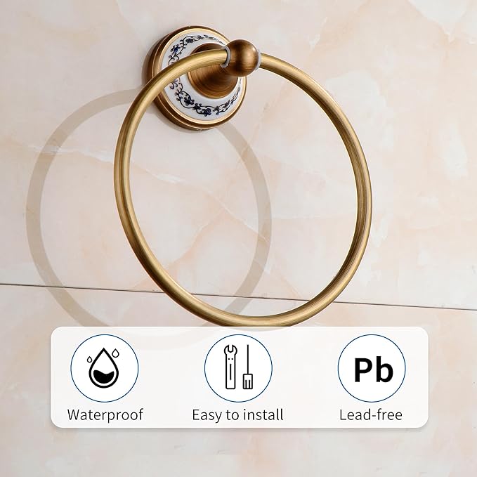 Towel Ring Antique Brass Hanger Hand Towel Holder for Bathroom Kitchen Accessories Wall Mounted,Porcelain Design