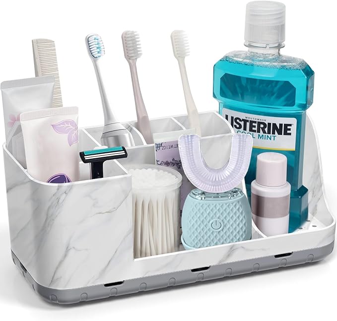 QIYVLOS Bathroom Organizers and Storage, 8 Slots Detachable Toothbrush Holders for Bathrooms, Anti-Slip Bathroom Countertop Organizer with Drainage Hole Vanity Storage (Marble)