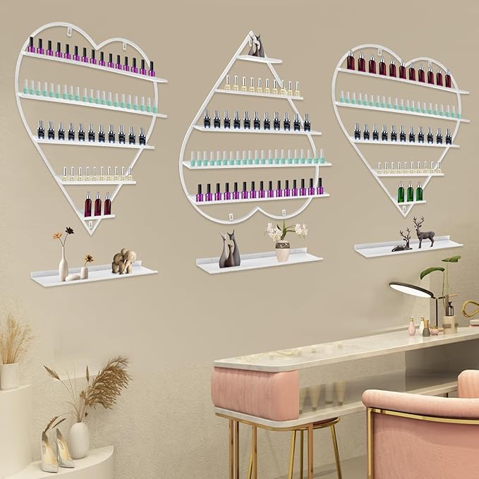 Nail Polish Display Racks 6pcs Metal Solid Color 5 Tiers Nail Polish Shelf Elegant Wall-Mounted Heart-Shaped Perfume Wall Shelf for Lipstick Perfume Nail Polish Essential (White)